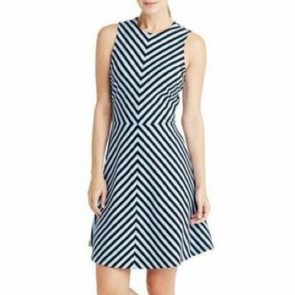 J. McLaughlin Size S Blue & Black Chevron Stripe Catalina Dress, Exc. Used Cond.